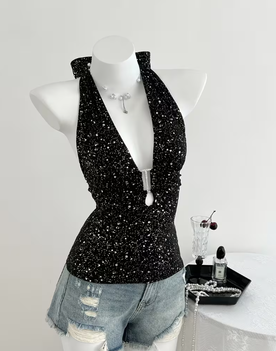 Black Halter Top With Silver Speckles