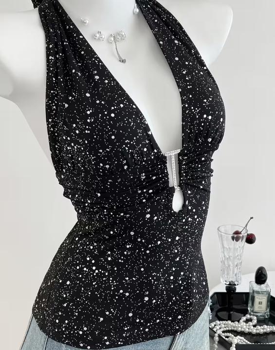 Black Halter Top With Silver Speckles