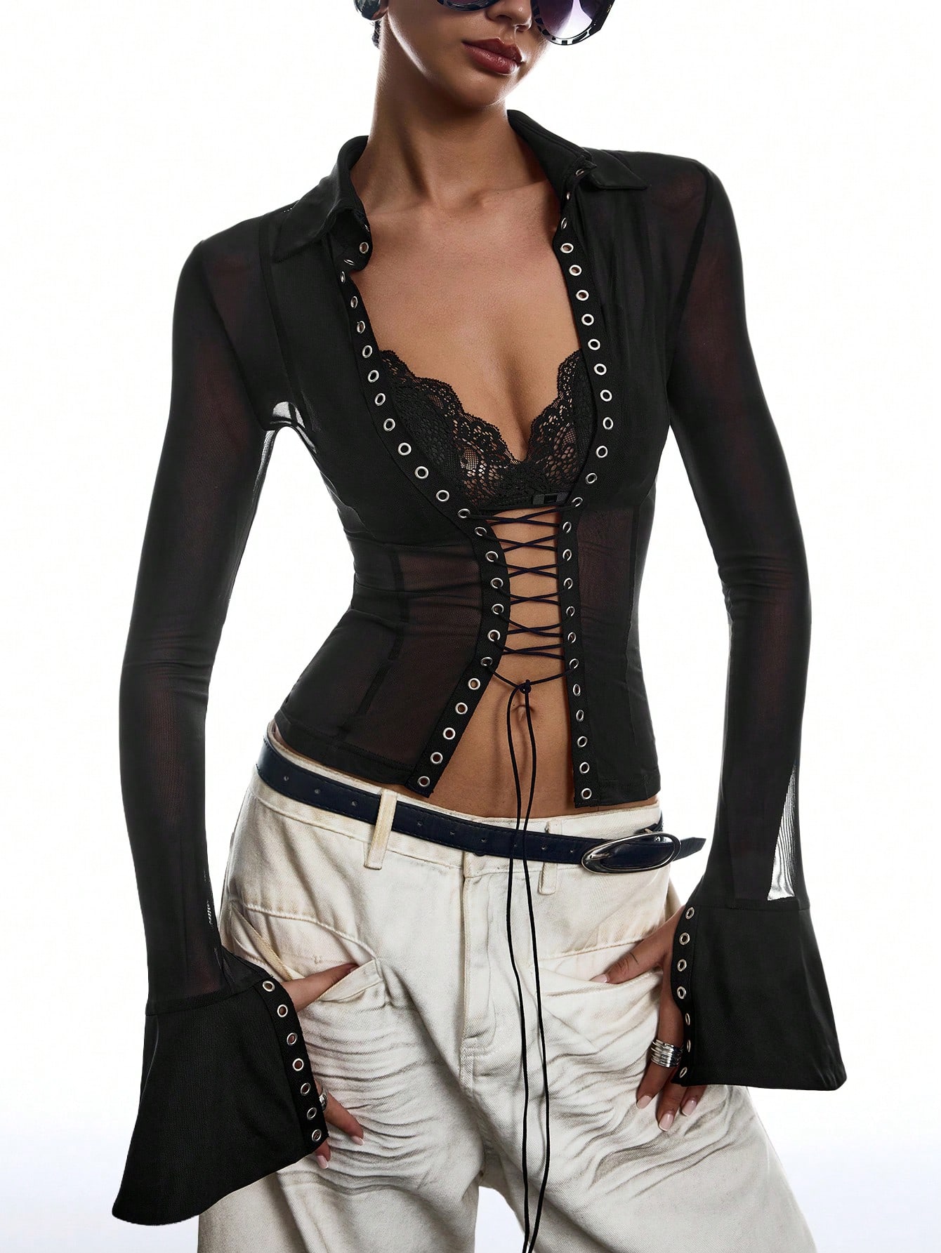 Black Sheer Long-Sleeve Top