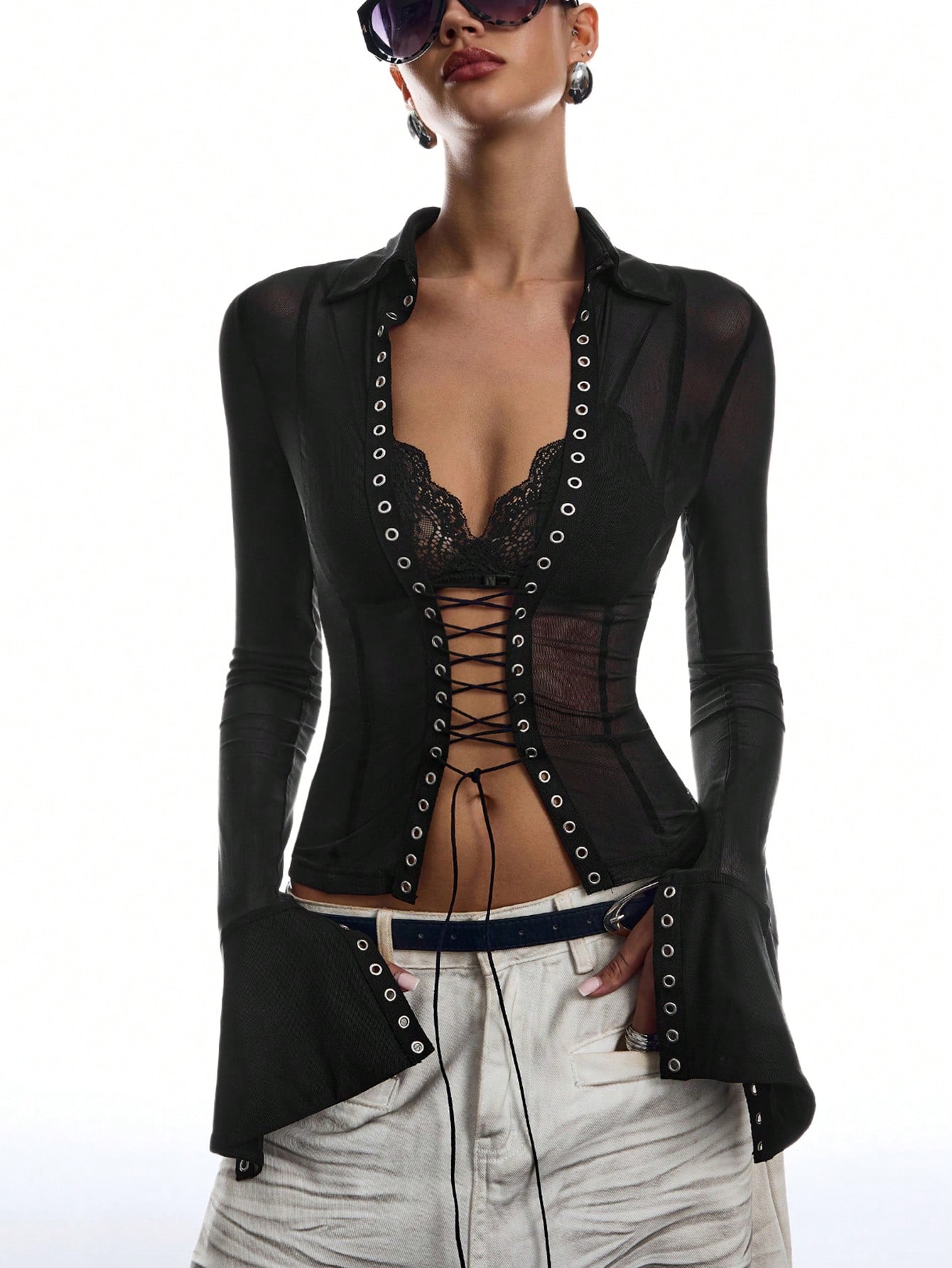 Black Sheer Long-Sleeve Top