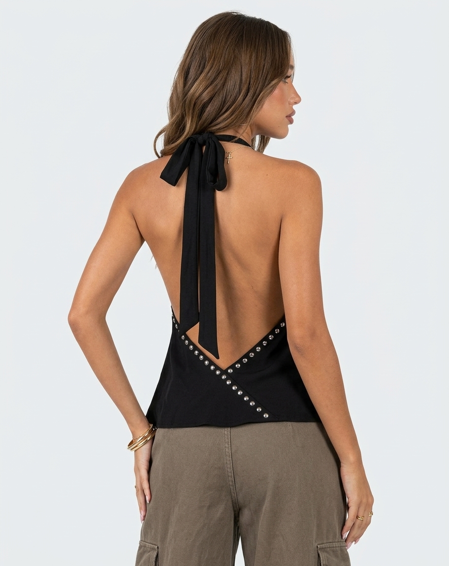 Black Studded Plunge Cowl Neck Top