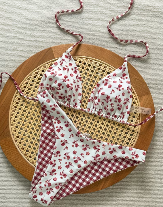 Burgundy Floral Checkered Bikini
