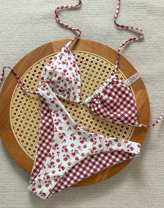 Burgundy Floral Checkered Bikini