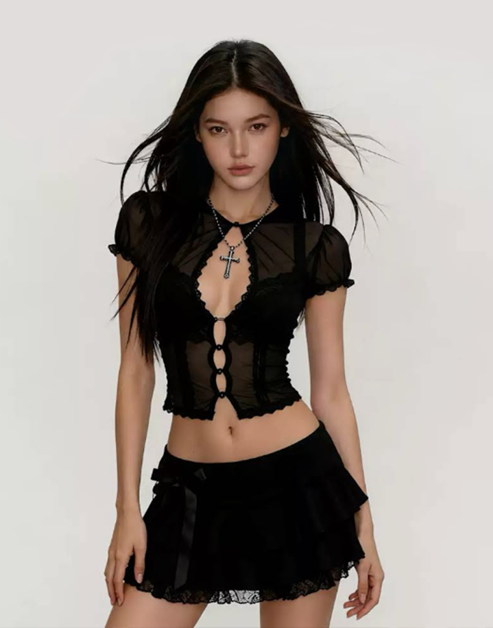 Lace-trim Mesh Crop Top