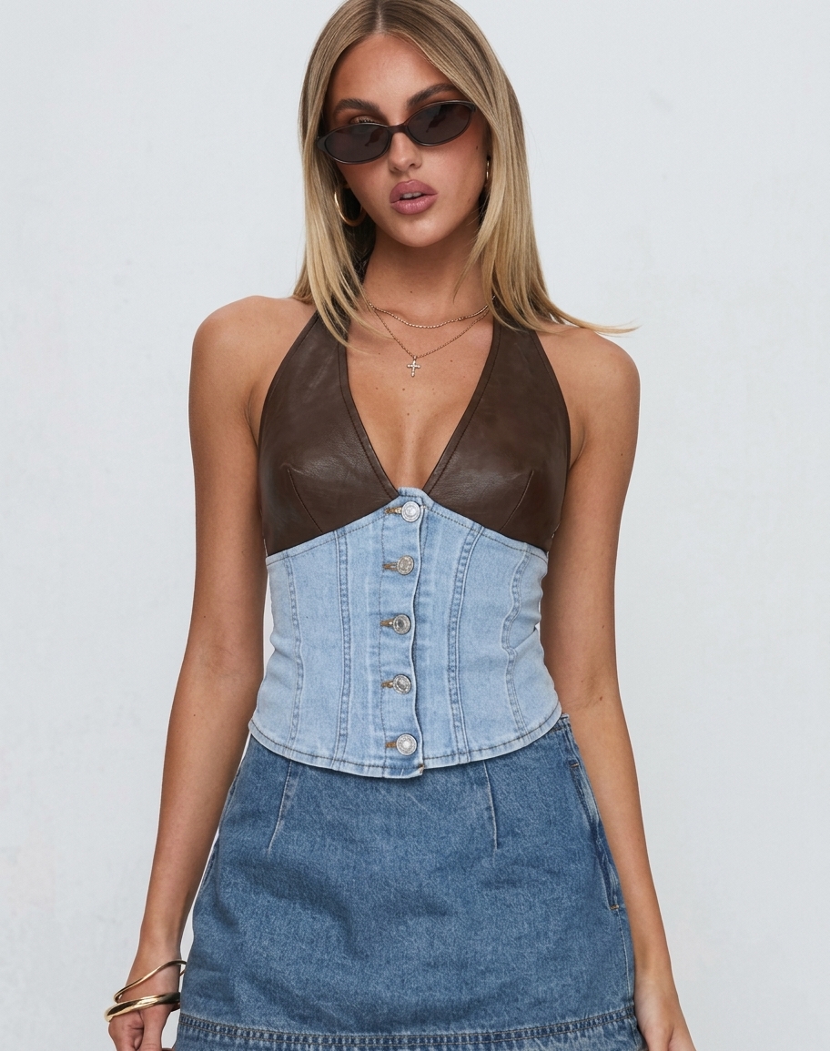 Mixed-Media Denim Halter Top