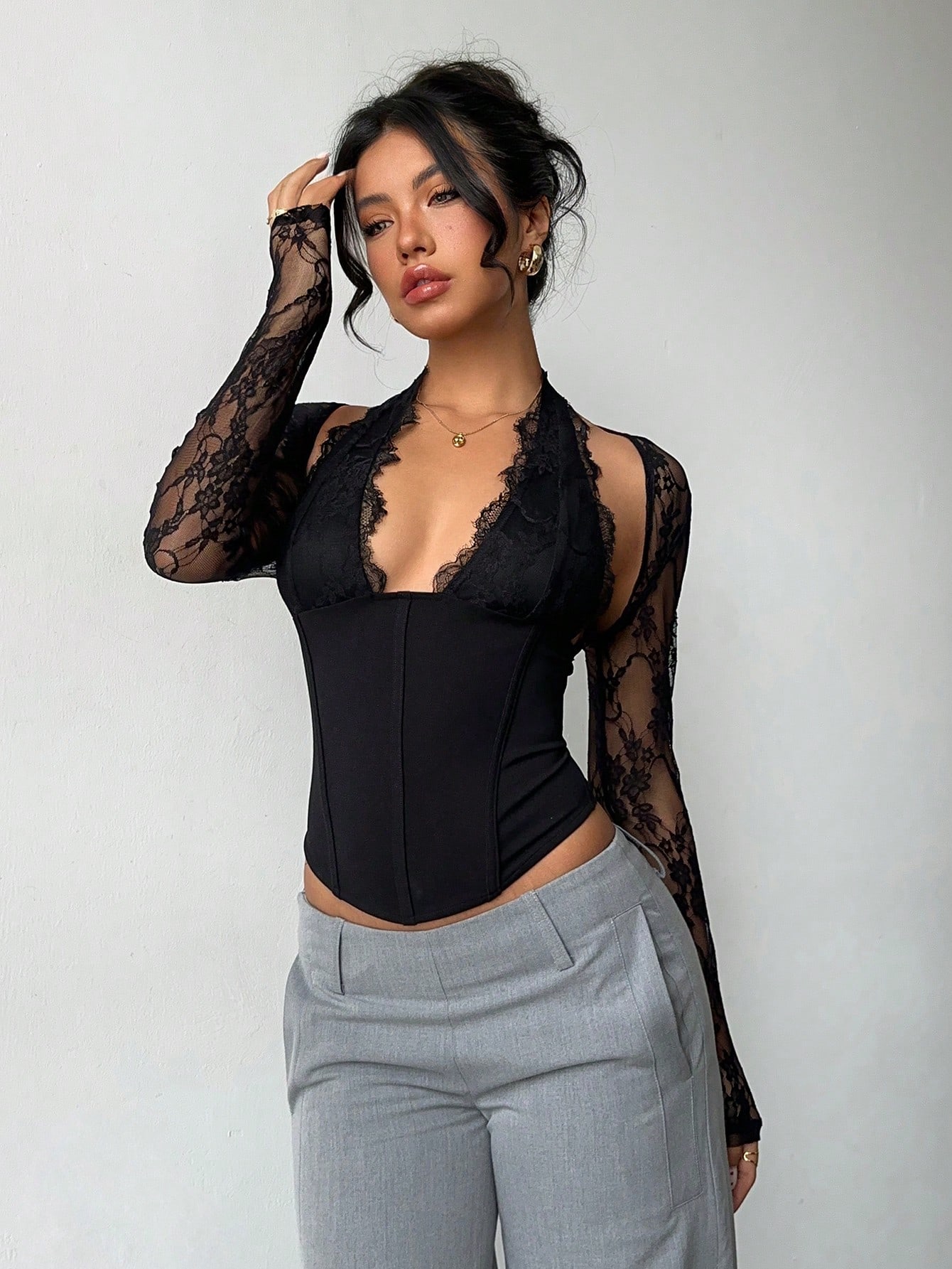 Black Halter Top with Lace Sleeves