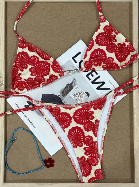 Red Floral Bikini with Gold Detail
