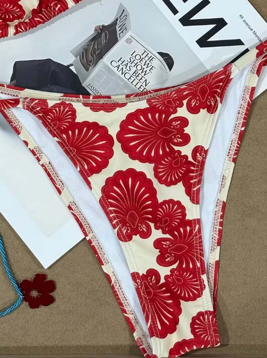 Red Floral Bikini with Gold Detail